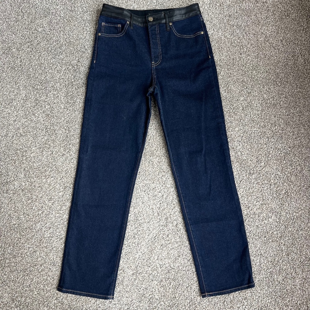 Express High Rise Straight Ankle Dark Wash Leather Trim Jeans, Size 4L